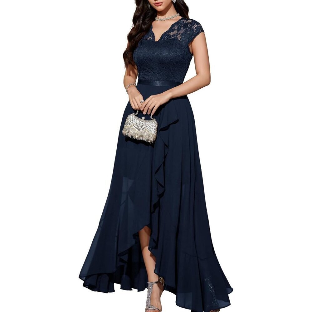 Women's Navy Blue  V-Neck  Hi-Lo Floral Lace Prom Cocktail Party Formal Dress